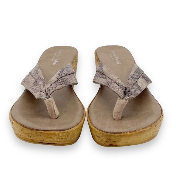 Lorenzo Chelini Taupe Faux Snakeskin Cork Wedge Sandal Thong Flip Flop Size 10 - Picture 9 of 16